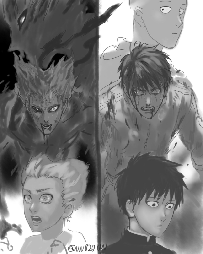 2boys age_progression bald black_background black_hair black_sclera blank_eyes bleeding blood cape garou_(one-punch_man) glowing glowing_eyes grey_hair greyscale highres injury long_sleeves looking_at_viewer male_focus monochrome multiple_boys muscle one-punch_man open_mouth pointy_hair saitama_(one-punch_man) scar shirt short_hair silver_hair simple_background smile standing teeth trait_connection vvv020vvv white_background white_hair