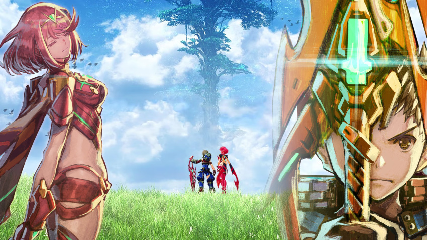 1boy 1girl armor bangs breasts closed_eyes closed_mouth day devierwin dress earrings edited elbow_gloves eyelashes fingerless_gloves gem gloves glowing grass hair_ornament headpiece highres pyra_(xenoblade) jewelry large_breasts leaning_back monolith_soft nintendo rex_(xenoblade_2) saitou_masatsugu short_hair short_shorts short_sleeves shorts sidelocks skin_tight sky standing swept_bangs sword thigh-highs third-party_edit tiara tree wallpaper weapon xenoblade_(series) xenoblade_2