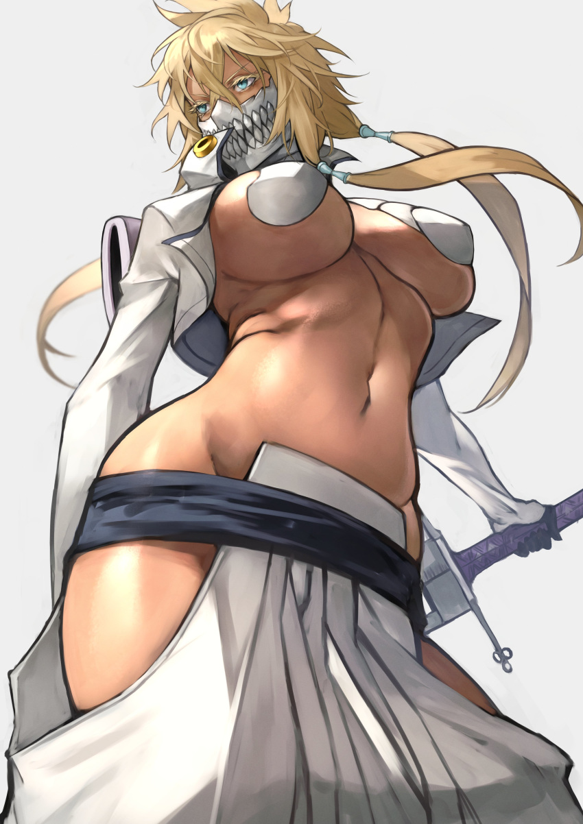 1girl 55level absurdres aqua_eyes arrancar bangs belt bleach blonde_hair breasts cropped_jacket crossed_bangs dark_skin espada eyelashes gloves hair_between_eyes highres hip_vent jacket large_breasts long_hair long_sleeves mask navel open_clothes open_jacket pants sheath sword tier_harribel tri_tails under_boob weapon white_jacket white_pants