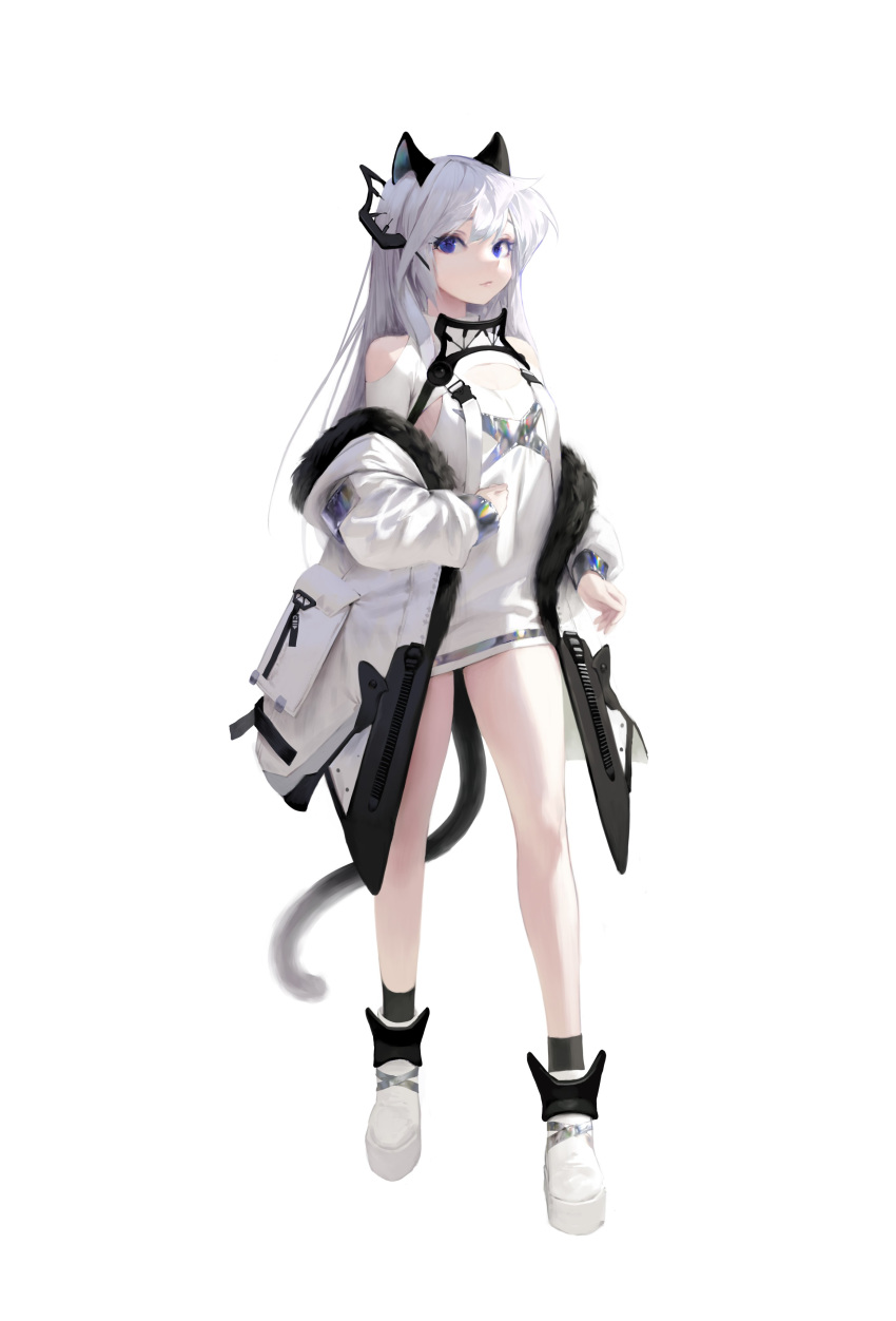 1girl absurdres animal_ears cat_ears cat_girl cat_tail charles_(106858) closed_mouth commentary copyright_request dress headgear highres jacket long_hair looking_at_viewer shoes short_dress solo symbol_commentary tagme tail violet_eyes white_background white_dress white_hair white_jacket