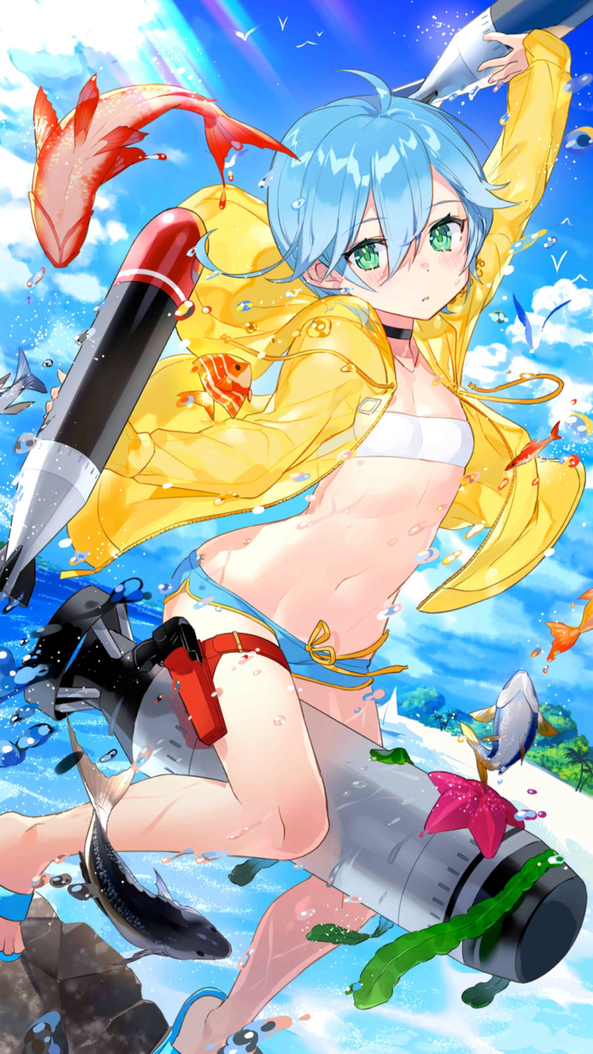 1girl ahoge arm_up artist_request bandeau bare_legs bikini blue_hair breasts choker clouds cornelia_(girl_cafe_gun) day fish girl_cafe_gun green_eyes highres holster hood hood_down hooded_jacket jacket leg_belt long_sleeves looking_at_viewer navel official_art open_clothes open_jacket outdoors short_hair sky small_breasts solo stomach sunlight swimsuit torpedo water watermark wet yellow_jacket