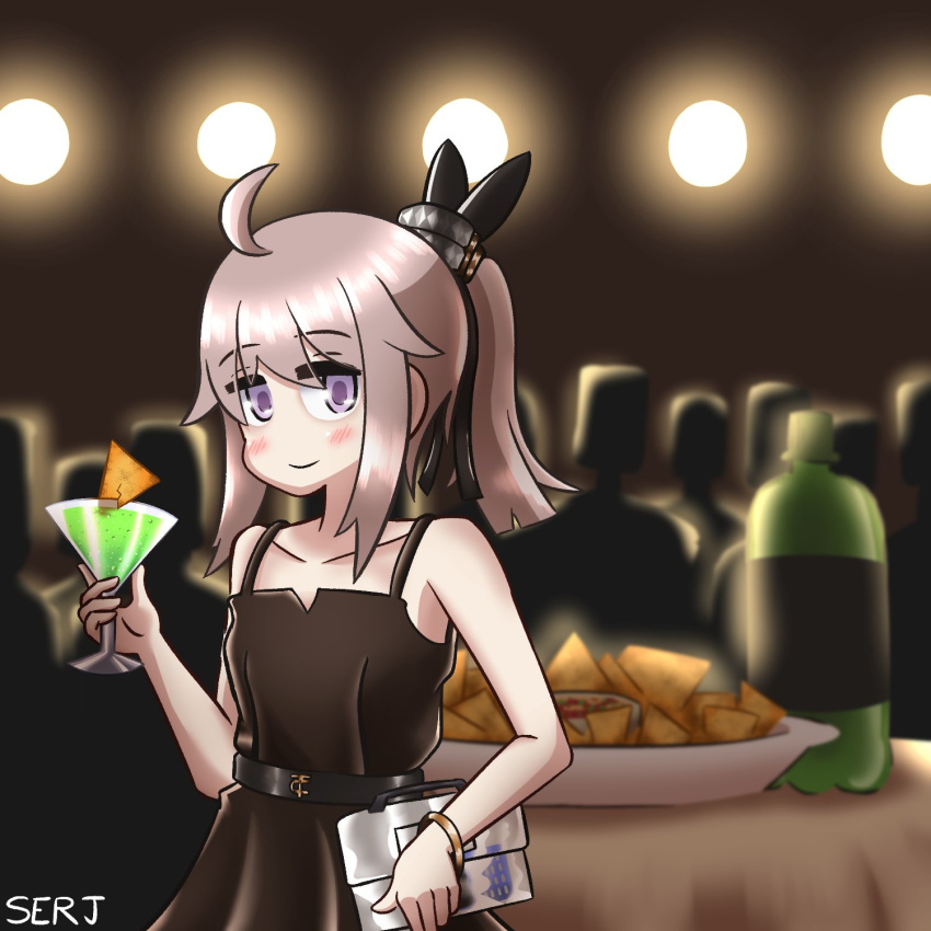 1girl ahoge bag bare_shoulders blush brown_dress cocktail cocktail_glass collarbone cup doritos dress drinking_glass evening_gown eyebrows_visible_through_hair flat_chest girls_frontline handbag high_ponytail highres lavender_hair looking_at_viewer m200_(girls_frontline) medium_hair mountain_dew serjatronic smile solo violet_eyes