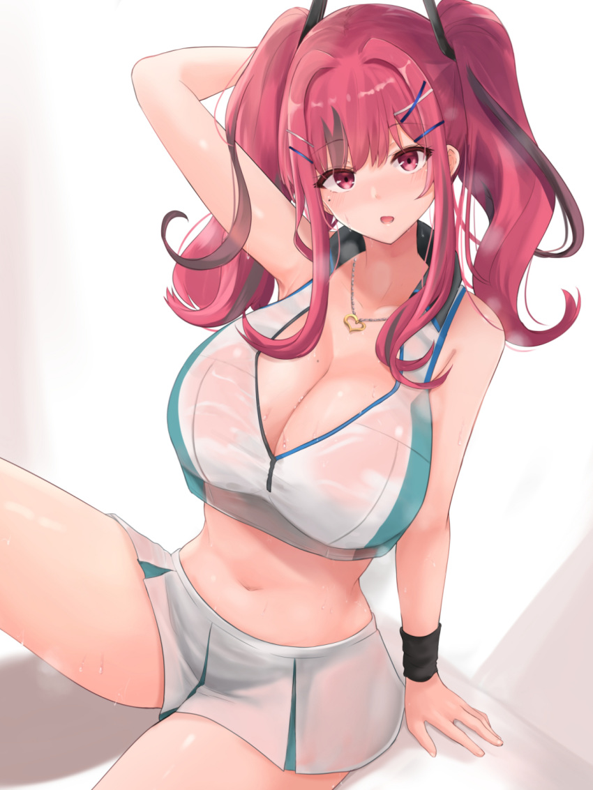 1girl arm_support arm_up armpits azur_lane bangs bare_shoulders black_hair blush breasts bremerton_(azur_lane) bremerton_(scorching-hot_training)_(azur_lane) crop_top eyebrows_visible_through_hair gradient gradient_background hair_between_eyes hair_ornament hairclip heart highres huge_breasts jewelry large_breasts long_hair looking_at_viewer midriff miniskirt multicolored_hair navel necklace neneru open_mouth pink_eyes pink_hair revision see-through shadow shirt sitting skirt sleeveless sleeveless_shirt sportswear stomach streaked_hair sweat sweatband sweatdrop tennis_uniform thighs twintails two-tone_skirt wet wet_clothes wet_shirt white_skirt x_hair_ornament
