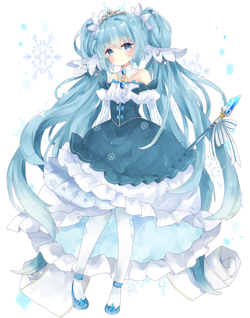 1girl absurdres beamed_eighth_notes blue_eyes blue_footwear blue_hair blush center_frills closed_mouth commentary_request detached_sleeves eighth_note frilled_skirt frills full_body hatsune_miku highres juliet_sleeves long_hair long_sleeves musical_note pantyhose print_skirt puffy_sleeves shirt shoes skirt smile snowflake_background snowflake_print solo standing strapless striped striped_sleeves tiara tsukiyo_(skymint) twintails vertical_stripes very_long_hair vocaloid white_background white_legwear white_shirt white_skirt white_sleeves yuki_miku yuki_miku_(2019)