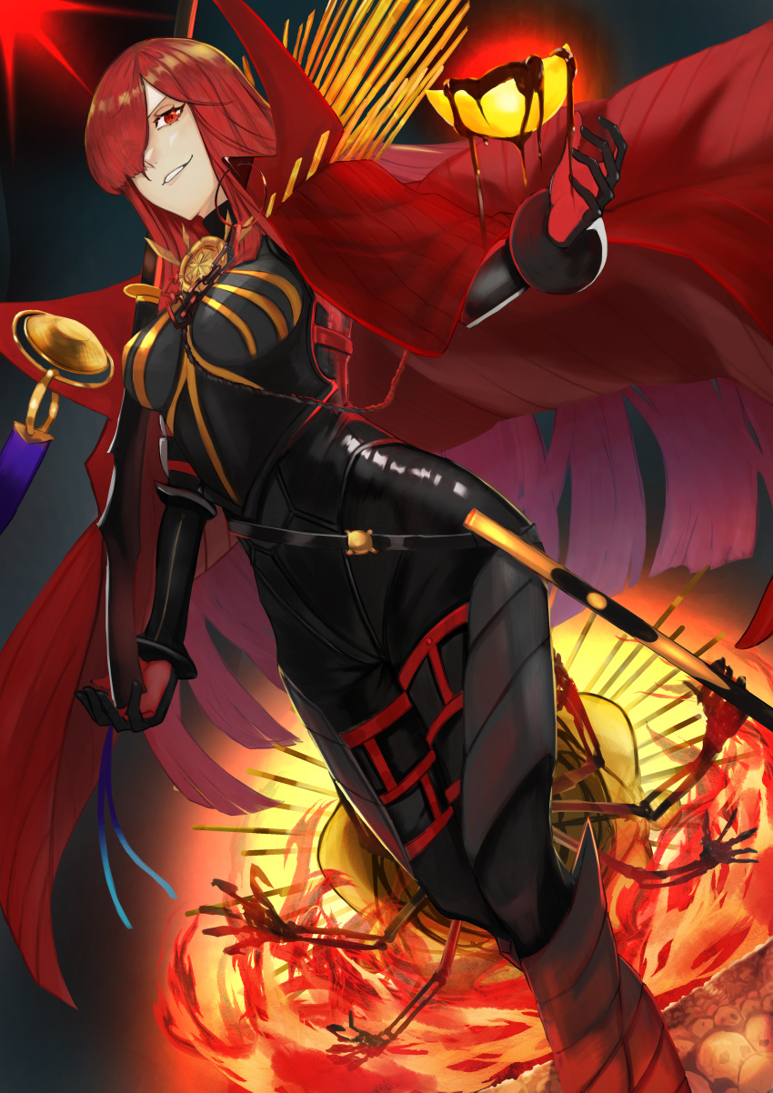 1girl absurdres armored_boots bangs belt bodysuit boots breasts cape collared_cape family_crest fate/grand_order fate_(series) fire gyamu_(chewing-gum) hair_over_one_eye highres huge_filesize koha-ace large_breasts long_hair looking_at_viewer oda_nobunaga_(fate)_(all) oda_nobunaga_(maou_avenger)_(fate) oda_uri popped_collar red_cape red_eyes redhead sheath skeleton smile