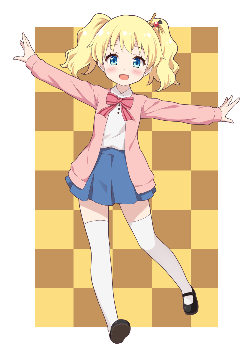 1girl absurdres alice_cartelet black_footwear blonde_hair blue_eyes blue_skirt brown_background cardigan checkered checkered_background full_body highres kin-iro_mosaic long_hair mary_janes miniskirt open_mouth outstretched_arms pink_cardigan school_uniform shirt shoes skirt smile solo thigh-highs twintails white_legwear white_shirt yamasan