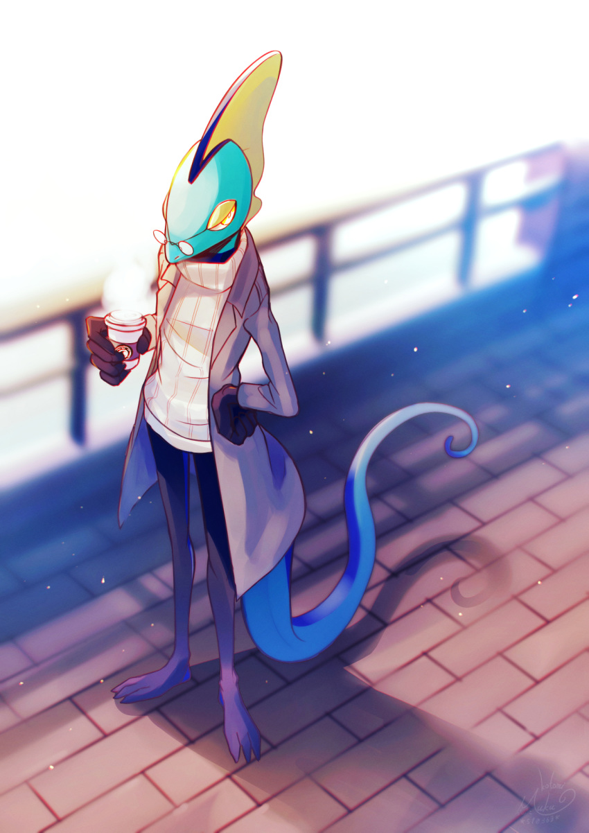 clothed_pokemon commentary_request creature cup gen_8_pokemon glasses hand_on_hip highres holding holding_cup inteleon kotomuku looking_at_viewer no_humans pokemon pokemon_(creature) ribbed_sweater shadow solo standing starter_pokemon steam sweater yellow_eyes