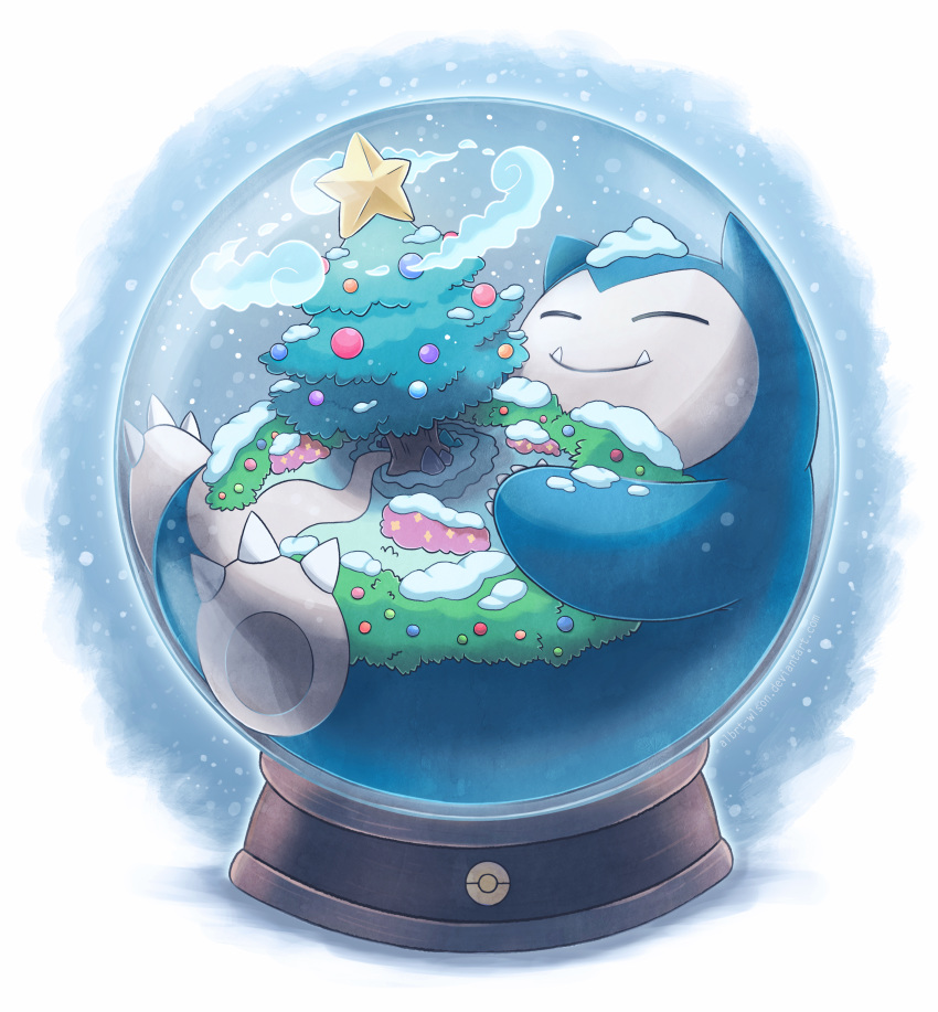 absurdres albrt-wlson bush christmas_tree closed_eyes closed_mouth commentary creature english_commentary full_body gen_1_pokemon gigantamax gigantamax_snorlax highres lying no_humans on_back pokemon pokemon_(creature) road smile snorlax snow_globe solo tree