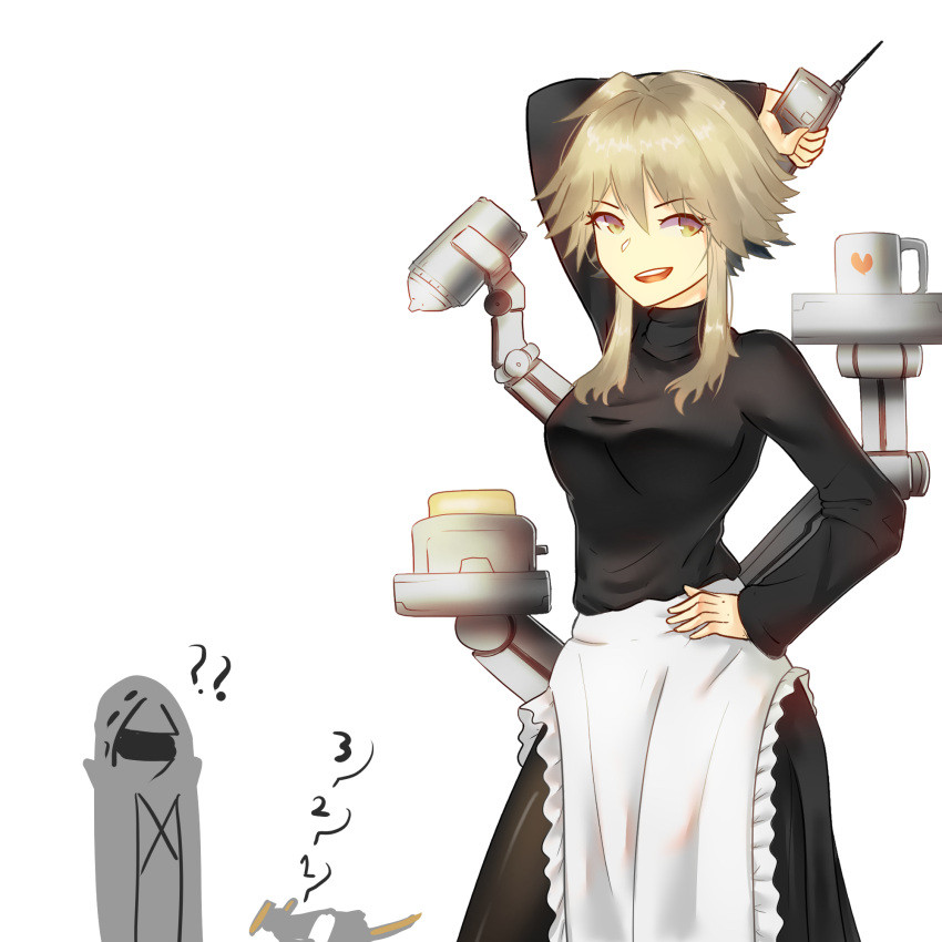 ahoge alternate_costume apron arknights black_sweater blonde_hair breasts cake coffee_mug countdown cup doctor_(arknights) enmaided food highres holding holding_phone large_breasts maid maid_apron mayer_(arknights) meeboo_(arknights) mug najashi phone sweater white_background