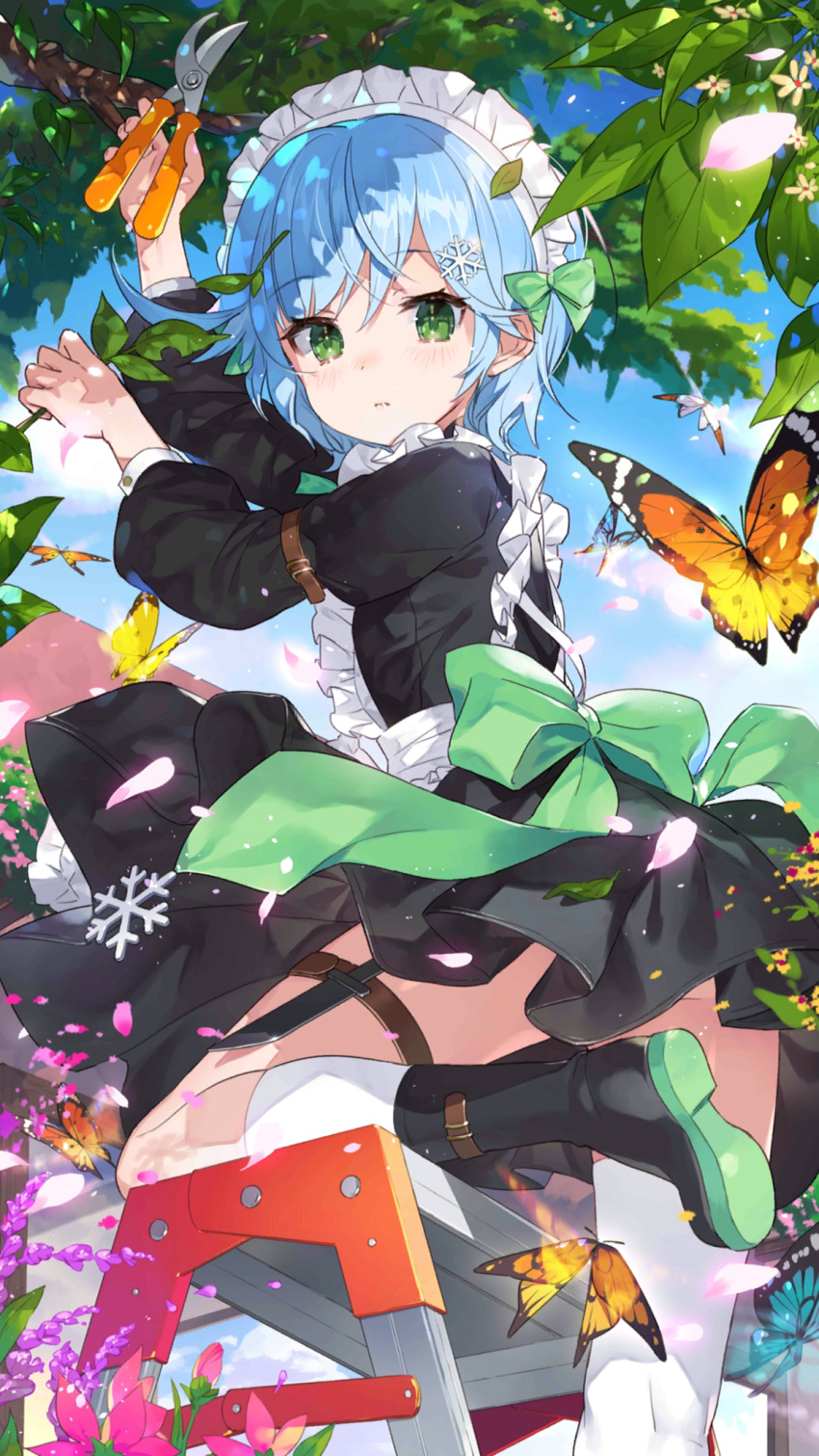 1girl artist_request black_dress black_footwear blue_hair boots bow bug butterfly cornelia_(girl_cafe_gun) dagger day dress girl_cafe_gun green_bow green_eyes hair_ornament highres holding insect juliet_sleeves leaf long_sleeves looking_at_viewer looking_back maid maid_headdress official_art outdoors petals puffy_sleeves short_hair socks solo thigh_strap weapon white_legwear