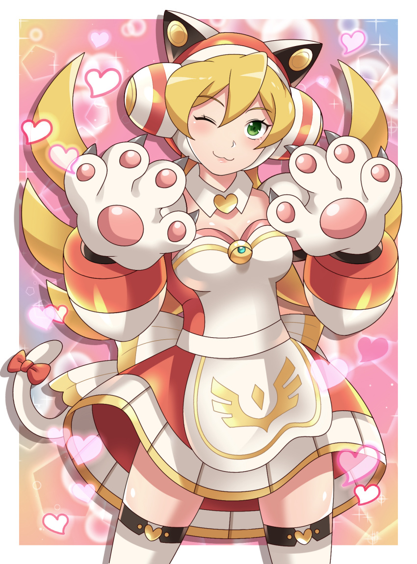 ;3 android animal_ears blonde_hair breasts cat_ears cat_girl cinnamon commentary_request cowboy_shot facing_viewer green_eyes hair_between_eyes headgear heart highres himurororo long_hair medium_breasts one_eye_closed rockman rockman_x rockman_x_dive smile sparkle thigh-highs zettai_ryouiki