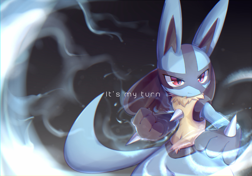 animal_ears clenched_hand closed_mouth commentary_request creature fighting_stance fur gen_4_pokemon lucario no_humans paws pokemon pokemon_(creature) red_eyes solo spikes standing syuya tail text_focus