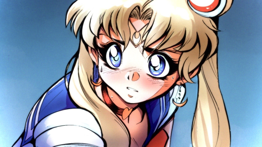 1girl bishoujo_senshi_sailor_moon blue_background blue_eyes blue_sailor_collar blush choker commentary crescent crescent_earrings earrings english_commentary hair_bun jewelry long_hair red_choker sailor_collar sailor_moon sailor_senshi sailor_senshi_uniform solo tiara tsukino_usagi twintails upper_body yves_bigerel