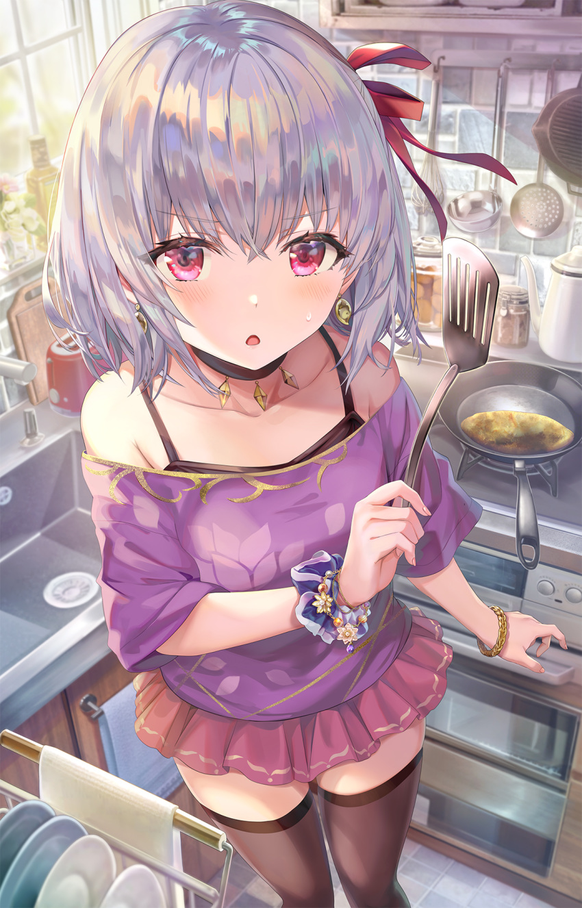 1girl backlighting bangs bare_shoulders black_legwear blush bracelet breasts choker collarbone contemporary dishrack earrings fate/grand_order fate_(series) floral_print hair_between_eyes hair_ribbon highres jar jewelry kama_(fate/grand_order) kettle kitchen ladle looking_at_viewer off-shoulder_shirt off_shoulder omelet oven plate purple_shirt purple_skirt red_eyes ribbon scrunchie shirt short_hair short_sleeves silver_hair sink skillet skirt small_breasts spatula stove thigh-highs thighlet thighs torino_akua whisk window wrist_scrunchie