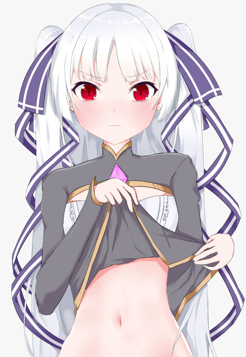 1girl absurdres artia bangs blush cleavage_cutout clothes_lift embarrassed eyebrows_visible_through_hair highres hololive hololive_china long_hair long_sleeves looking_at_viewer mero_(ly21207) navel parted_bangs red_eyes solo tears virtual_youtuber white_hair