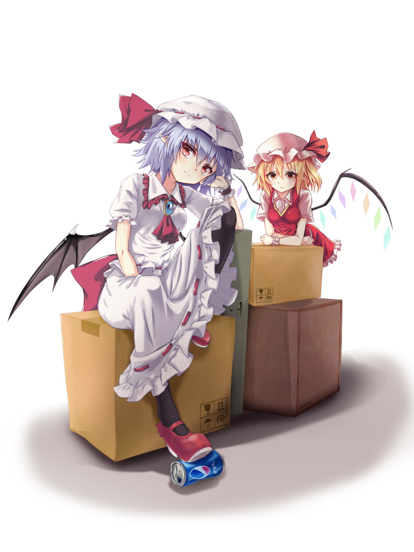 2girls absurdres akazaki_emu ascot bat_wings black_legwear black_wings blonde_hair blue_hair box can cardboard_box flandre_scarlet full_body hat hat_ribbon highres looking_at_viewer medium_hair mob_cap multiple_girls pantyhose pepsi pink_headwear pointy_ears puffy_short_sleeves puffy_sleeves red_eyes red_footwear red_neckwear red_ribbon red_skirt red_vest remilia_scarlet ribbon ribbon-trimmed_skirt ribbon_trim shirt shoes short_sleeves siblings sisters skirt skirt_set touhou vest white_headwear white_shirt white_skirt wings wrist_cuffs yellow_neckwear