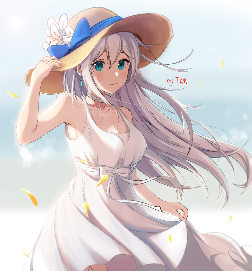 1girl absurdres artist_name bare_shoulders blue_eyes blush bow cecilia_schariac commentary_request day dress dress_lift earrings floating_hair flower hair_over_one_eye hand_on_headwear hat hat_bow hat_flower highres honkai_(series) honkai_impact_3rd jewelry petals signature silver_hair sleeveless sleeveless_dress smile solo straight_hair sun_hat sundress taw_(993004677) white_dress wind