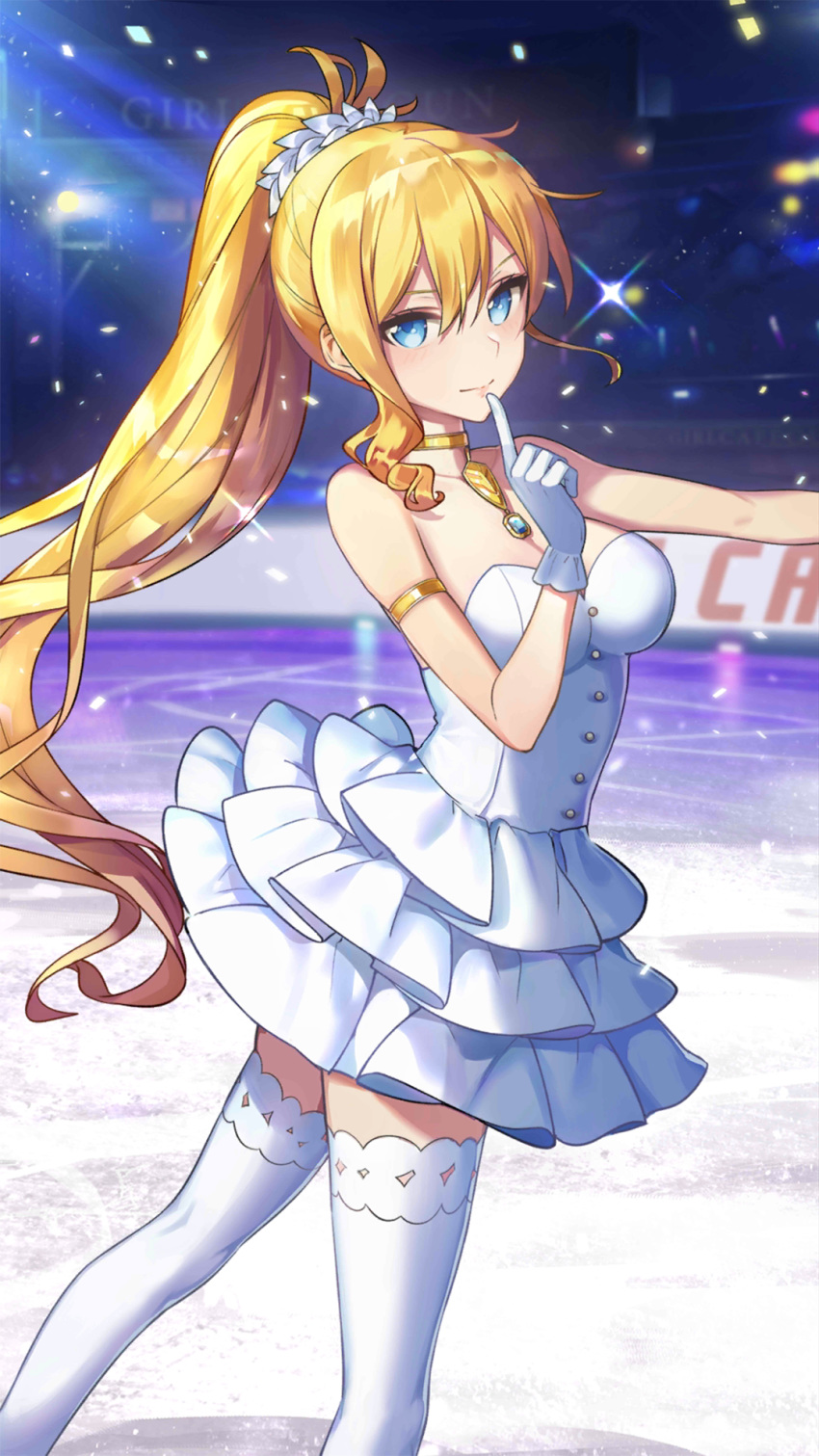 1girl arm_strap artist_request bare_shoulders blonde_hair blue_eyes breasts choker dress finger_to_mouth girl_cafe_gun gloves hair_ornament highres juno_emmons large_breasts light_rays long_hair looking_at_viewer official_art ponytail short_dress skating_rink sleeveless sleeveless_dress solo standing strapless strapless_dress thigh-highs very_long_hair white_dress white_gloves white_legwear zettai_ryouiki