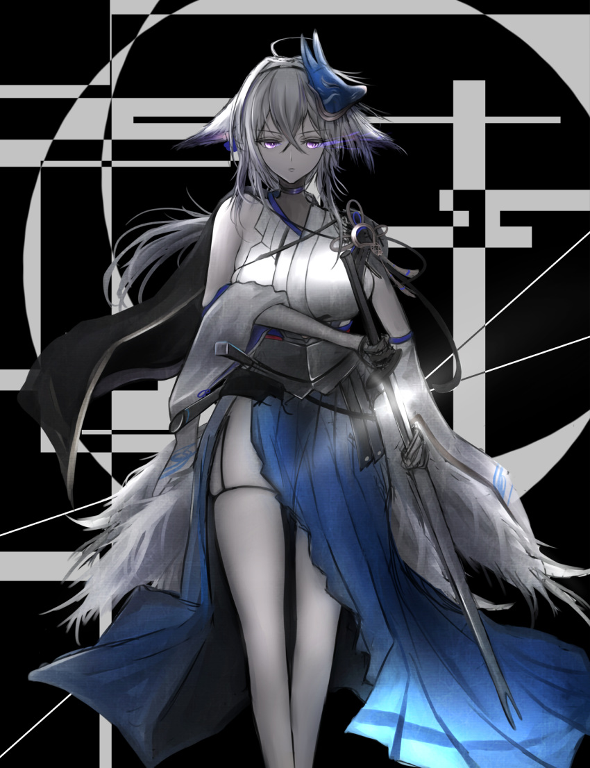 1girl animal_ears azur_lane bare_shoulders blue_skirt breasts choker commentary_request detached_sleeves fox_mask fox_tail hair_ornament highres hikagen_yoshio holding holding_sword holding_weapon japanese_clothes kimono large_breasts long_hair long_skirt long_sleeves looking_at_viewer mask mask_on_head skirt solo sword tail tosa_(azur_lane) two-tone_background violet_eyes weapon white_kimono wide_sleeves