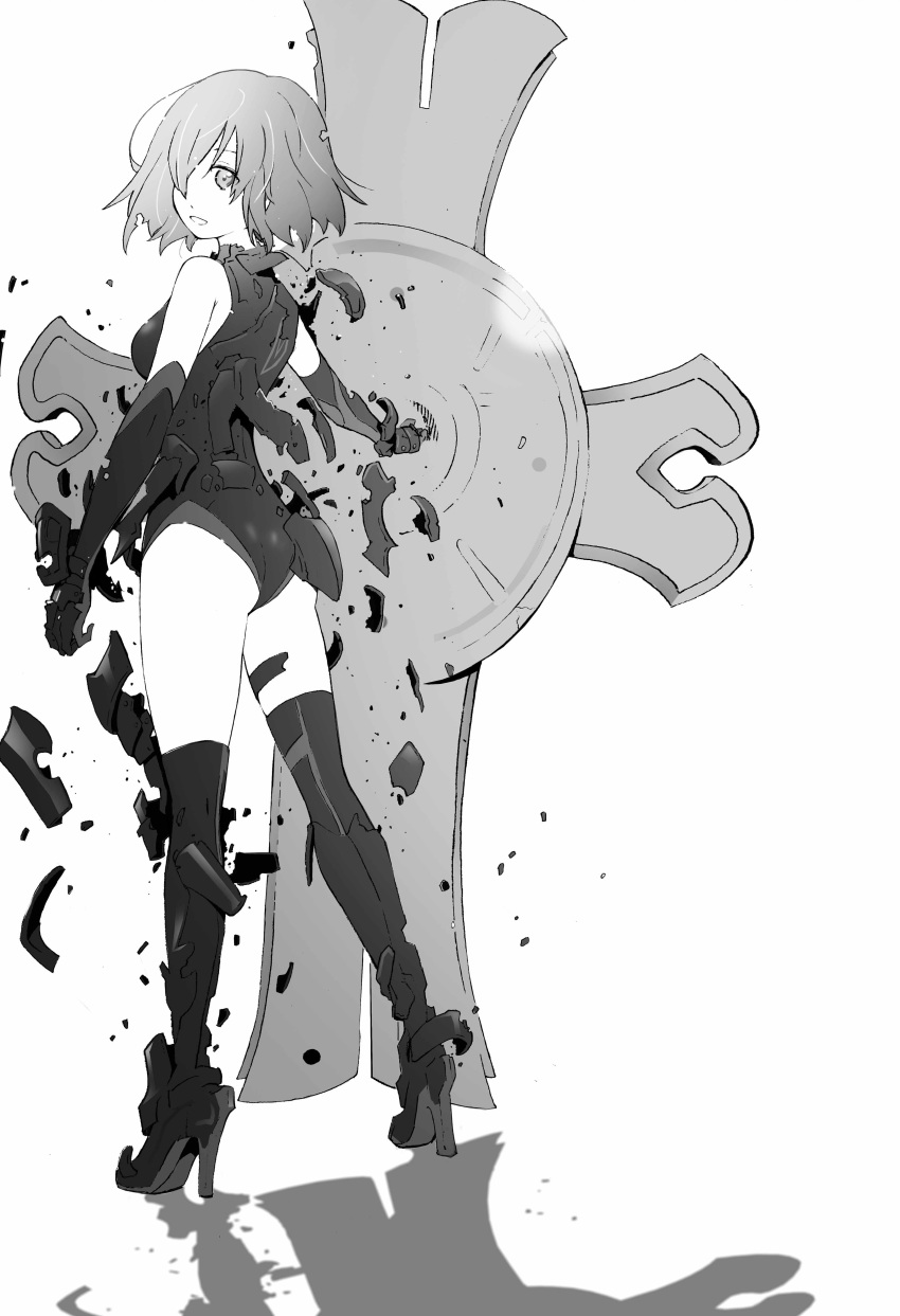 1girl absurdres armored_leotard boots elbow_gloves fate/grand_order fate_(series) floating_hair from_behind full_body gloves greyscale hair_over_one_eye high_heel_boots high_heels highres looking_at_viewer looking_back mash_kyrielight monochrome shattering shield short_hair simple_background sketch solo standing thigh-highs white_background yoshinaga_yunosuke