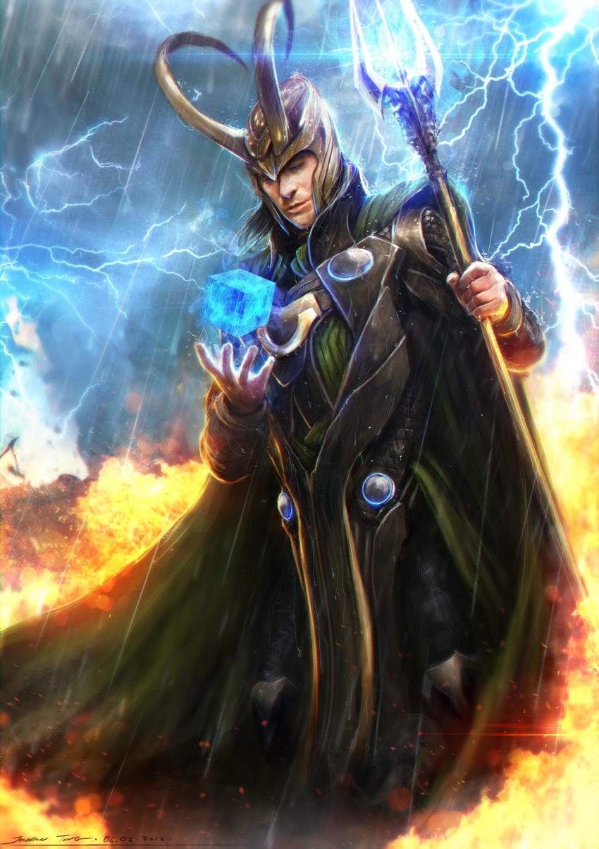 1boy absurdres cape clouds fire floating floating_object glowing green_cape helmet highres holding holding_scepter horned_headwear horned_helmet johnson_ting lightning loki_(marvel) marvel scepter solo storm tagme