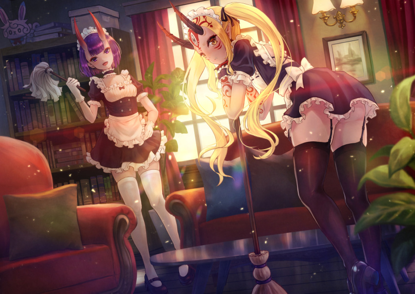 2girls alternate_costume apron ass backlighting bangs black_dress black_footwear black_legwear blonde_hair blush bob_cut bookshelf breasts broom coffee_table collarbone couch curtains cushion dress duster enmaided eyeliner facial_mark fang fang_out fate/grand_order fate_(series) forehead forehead_mark fou_(fate/grand_order) frills garter_straps gloves hair_pulled_back highres horns ibaraki_douji_(fate/grand_order) long_hair looking_at_viewer maid maid_headdress makeup multiple_girls oni oni_horns open_mouth picture_frame plant pointy_ears potted_plant puffy_short_sleeves puffy_sleeves purple_hair riyo_(lyomsnpmp)_(style) short_eyebrows short_hair short_sleeves shuten_douji_(fate/grand_order) sidelocks skin-covered_horns small_breasts tattoo thigh-highs tsukizaki_shizuka twintails violet_eyes waist_apron white_apron white_gloves white_legwear window wrist_cuffs yellow_eyes
