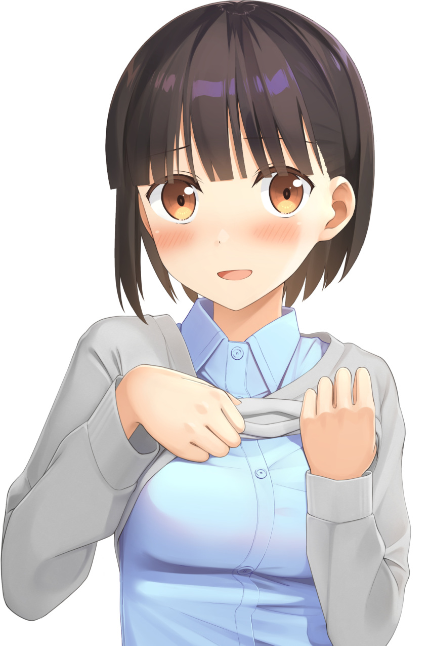 1girl :d apollo_(hu_maple) bangs blue_shirt blunt_bangs breasts brown_eyes brown_hair cardigan cardigan_lift collared_shirt commentary_request dress_shirt eyebrows_visible_through_hair grey_cardigan highres looking_at_viewer medium_breasts open_mouth original school_uniform shirt short_hair simple_background smile undressing white_background