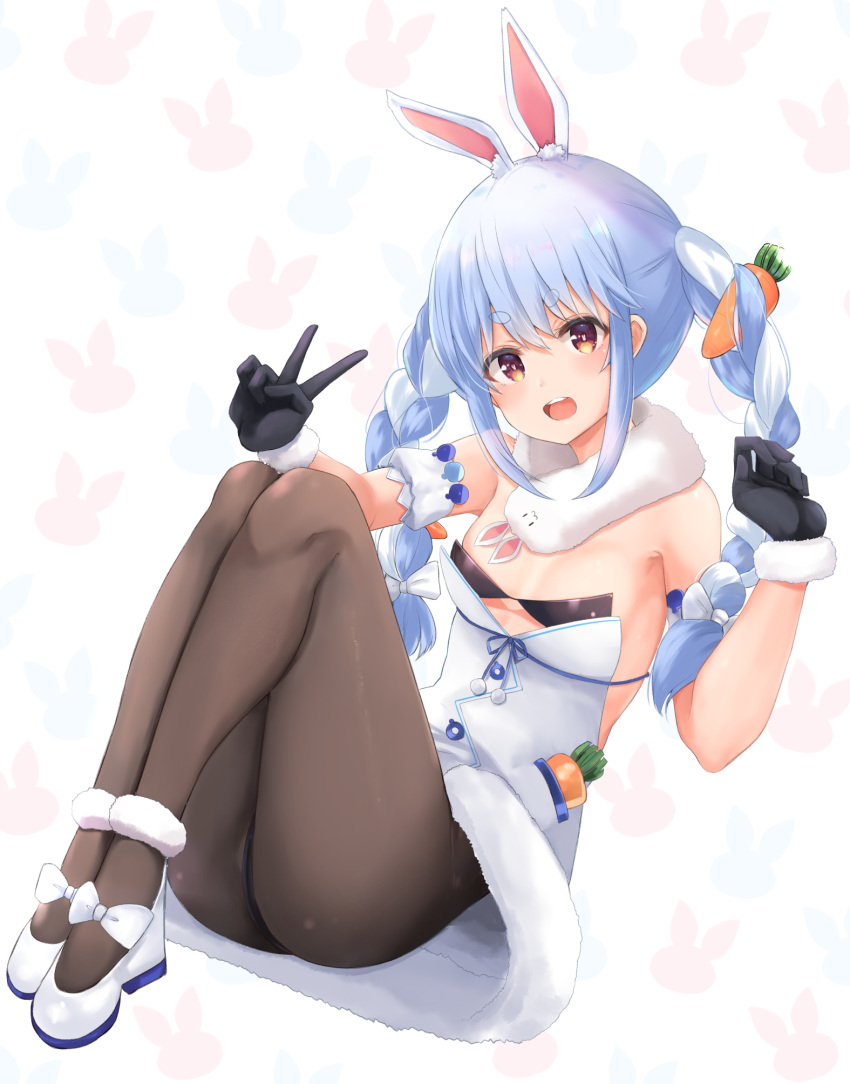 1girl animal_ears ass bare_shoulders black_gloves black_leotard blue_hair braid brown_legwear bunny_girl carrot_hair_ornament coat detached_sleeves food_themed_hair_ornament fur_collar fur_trim gloves hair_ornament hands_up highres hololive knees_up leotard long_hair looking_at_viewer neneru open_mouth orange_eyes pantyhose rabbit_ears shoes solo strapless strapless_leotard twin_braids twintails usada_pekora v virtual_youtuber white_coat white_footwear