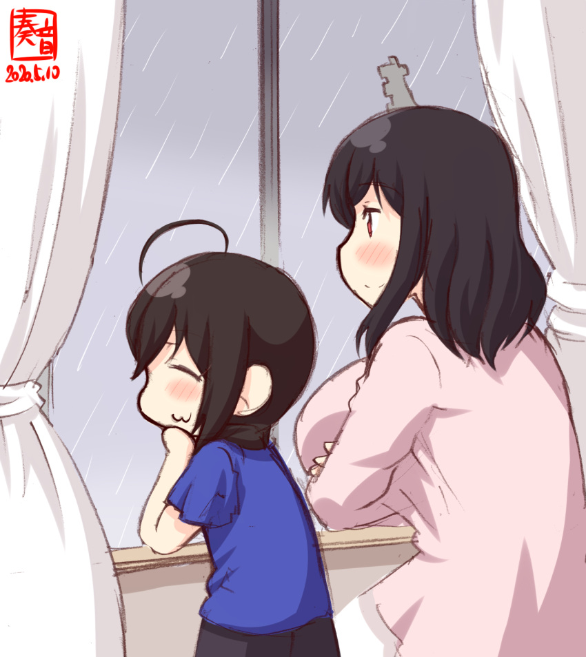 2girls :3 ahoge alternate_costume artist_logo black_hair blue_shirt brown_hair child chin_rest closed_eyes commentary_request curtains dated elbow_rest hair_ornament highres indoors kanon_(kurogane_knights) kantai_collection long_sleeves multiple_girls pink_shirt rain red_eyes shigure_(kantai_collection) shirt short_sleeves smile white_curtains window yamashiro_(kantai_collection) younger