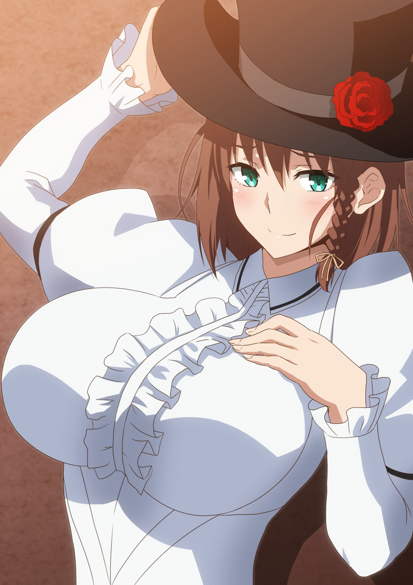 1girl bangs black_headwear blush braid breasts brown_hair center_frills charlotte_corday_(fate/grand_order) closed_mouth dress fate/grand_order fate_(series) flower green_eyes hand_on_own_chest hat hat_flower hera_(hara0742) highres huge_breasts juliet_sleeves long_sleeves looking_at_viewer puffy_sleeves rose short_hair side_braid smile white_dress