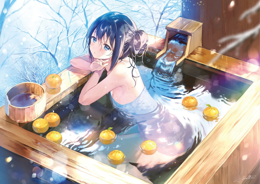 1girl bangs bare_legs black_hair blue_eyes breasts commentary_request floating floating_object hair_bun hanekoto light_particles naked_towel onsen orange_hair original parted_lips partially_submerged sideboob sidelocks signature small_breasts snow solo towel tree tree_branch water winter wooden_bathtub