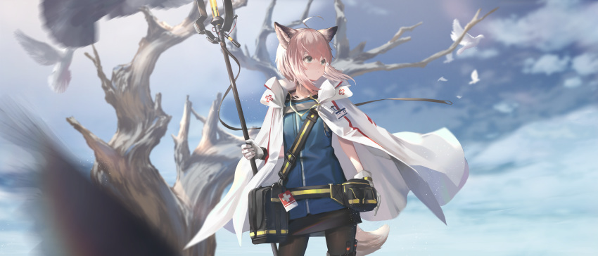 1girl ahoge animal_ears arknights bare_tree bird black_legwear blurry_foreground cloak clouds fox_ears fox_tail gh_(chen_ghh) gloves green_eyes highres holding holding_staff hood hooded_cloak looking_to_the_side name_tag pantyhose pink_hair pouch red_cross sky solo staff sussurro_(arknights) tail tree white_gloves wind