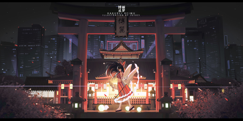 1girl absurdres bare_shoulders black_hair bow building character_name cityscape crop_top detached_sleeves floating_hair gohei hair_bow hakurei_reimu highres holding huge_filesize lamp letterboxed long_hair long_skirt long_sleeves looking_at_viewer midriff night outdoors platform_footwear red_shirt red_skirt scenery shirt skirt skyscraper solo star_(sky) temple torii touhou very_wide_shot watermark wide_sleeves xtears_kitsune zouri