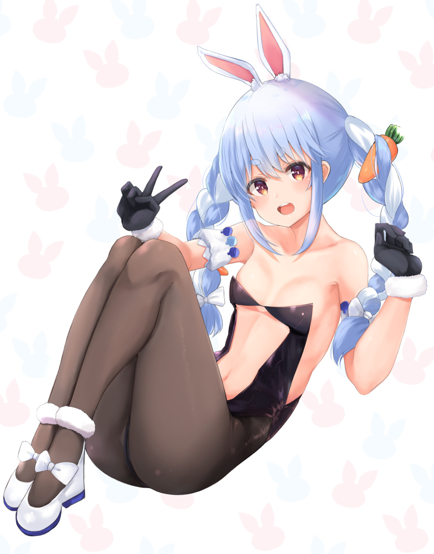 1girl animal_ears ass bare_shoulders black_gloves black_leotard blue_hair braid brown_legwear bunny_girl carrot_hair_ornament center_opening detached_sleeves food_themed_hair_ornament fur_collar fur_trim gloves hair_ornament hands_up highres hololive knees_up leotard long_hair looking_at_viewer navel neneru open_mouth orange_eyes pantyhose rabbit_ears shoes solo stomach strapless strapless_leotard twin_braids twintails usada_pekora v virtual_youtuber white_footwear