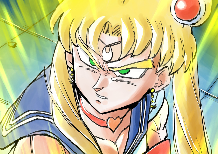 1boy absurdres aura bangs bishoujo_senshi_sailor_moon blonde_hair blue_background blue_eyes blue_sailor_collar bow bowtie choker crescent crescent_earrings derivative_work dragon_ball dragon_ball_z earrings from_side fushi_no_yabo fusion hair_ornament heart heart_choker highres jewelry male_focus parody parted_bangs parted_lips red_choker red_neckwear sailor_collar sailor_moon school_uniform screencap_redraw serafuku solo super_saiyan sweatdrop tiara trunks_(future)_(dragon_ball) twintails upper_body