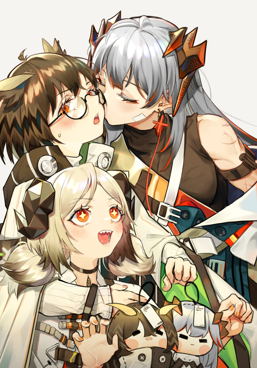 3girls absurdres ahoge alternate_costume arknights arm_strap bare_shoulders black-framed_eyewear black_choker black_shirt blush brown_hair character_doll cheek_kiss chinese_commentary choker closed_eyes commentary_request dpea9 earrings glasses grey_background highres horns ifrit_(arknights) jewelry kiss long_sleeves looking_at_viewer looking_up low_twintails multiple_girls nail_polish open_mouth orange_eyes orange_nails partial_commentary saria_(arknights) sharp_teeth shirt short_hair silence_(arknights) silver_hair simple_background teeth twintails upper_body yuri
