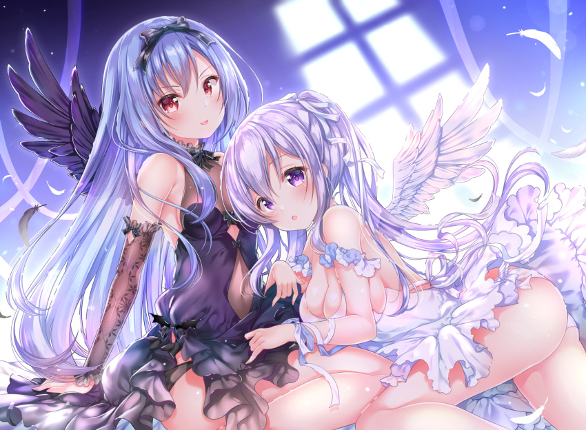 2girls :o angel_wings aoba_chise aoba_project aoba_rena arm_support arm_warmers ass bare_shoulders black_panties black_ribbon blue_hair breasts covered_navel dress feathered_wings feathers hair_ribbon highres large_breasts lavender_hair long_hair looking_at_viewer multiple_girls panties parted_lips purple_dress red_eyes ribbon sakura_moyon sitting sleeveless sleeveless_dress small_breasts smile twintails underwear very_long_hair violet_eyes white_dress white_ribbon wings