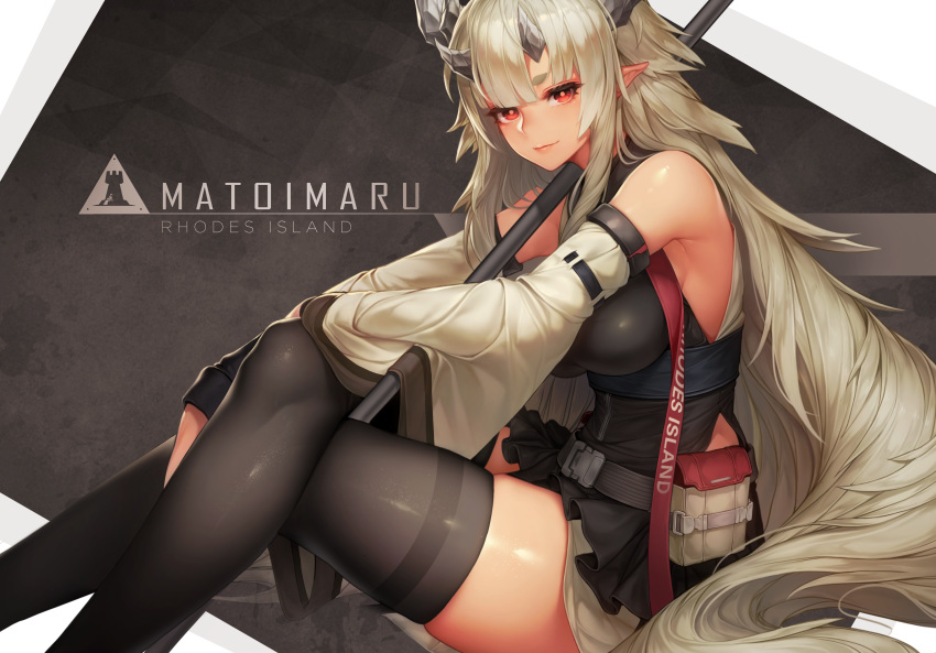 1girl absurdres arknights armpits bare_shoulders belt belt_pouch black_legwear black_shirt breasts character_name crossed_legs detached_sleeves highres horns large_breasts long_hair long_sleeves looking_at_viewer matoimaru_(arknights) miniskirt pointy_ears pouch red_eyes shirt silver_hair sitting skindentation skirt solo thigh-highs thighs vana very_long_hair wide_sleeves