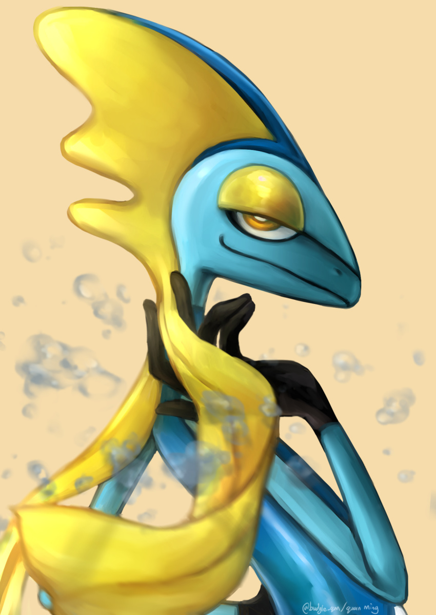 commentary creature english_commentary gen_8_pokemon highres inteleon looking_at_viewer no_humans pokemon pokemon_(creature) quan_ming signature simple_background solo starter_pokemon upper_body yellow_background yellow_eyes