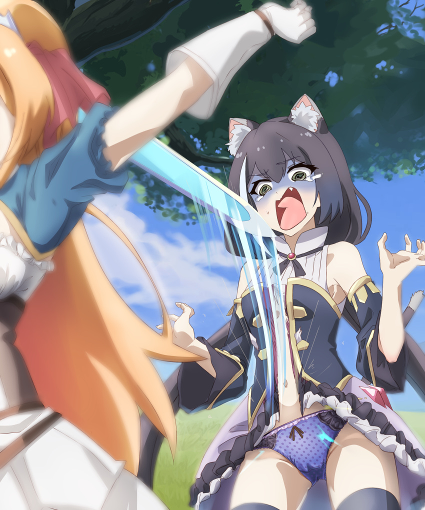 2girls @_@ absurdres animal_ear_fluff animal_ears ass_visible_through_thighs bangs black_hair black_legwear blue_sky breasts brooch cat_ears cat_girl cat_tail clouds commentary_request day detached_sleeves eyebrows_visible_through_hair gloves green_eyes hair_between_eyes hair_ribbon highres jewelry karyl_(princess_connect!) long_hair low_twintails mashitono_desu multicolored_hair multiple_girls navel open_mouth orange_hair outdoors panties pecorine polka_dot polka_dot_panties princess_connect! princess_connect!_re:dive purple_panties ribbon sky small_breasts standing streaked_hair sword tail tears thigh-highs torn_clothes twintails underwear very_long_hair weapon white_gloves white_hair