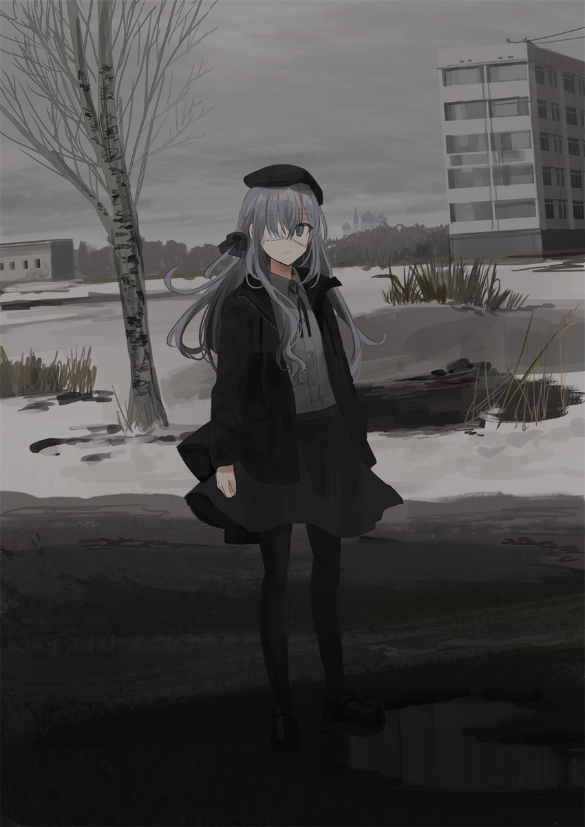 1girl bangs bare_tree beret birch black_bow black_footwear black_headwear black_jacket black_legwear black_skirt bow braid building chihuri clouds cloudy_sky collared_shirt dress_shirt eva_(chihuri) eyebrows_visible_through_hair eyepatch grey_eyes grey_hair grey_shirt hair_bow hair_over_one_eye hat highres jacket loafers long_hair long_sleeves medical_eyepatch open_clothes open_jacket original outdoors pantyhose parted_lips puddle shirt shoes skirt sky sleeves_past_wrists snow solo standing tree very_long_hair water