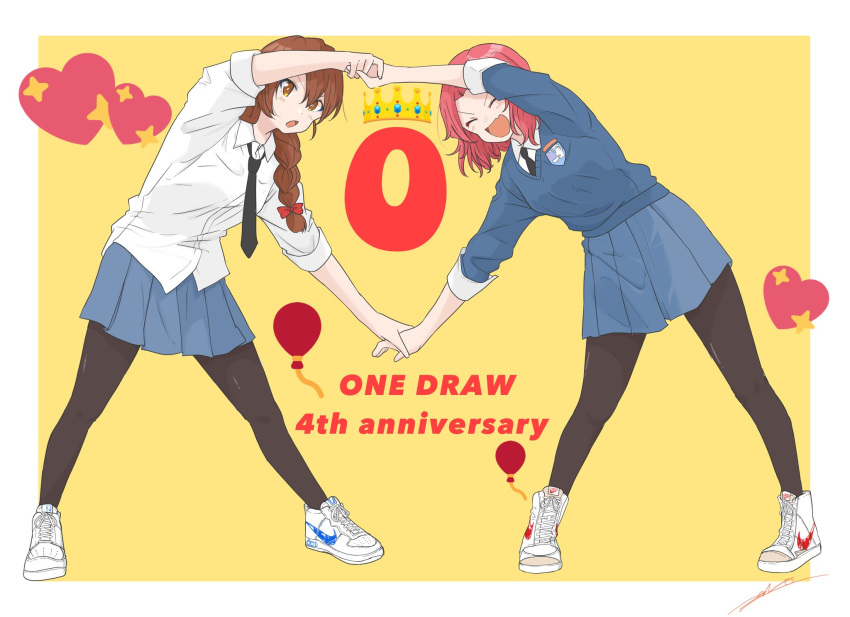 2girls :d artist_name balloon bangs black_legwear black_neckwear blue_skirt blue_sweater braid brown_eyes brown_hair closed_eyes commentary cross-laced_footwear crown dress_shirt emblem emoji english_text facing_viewer fang girls_und_panzer hair_over_shoulder heart highres holding_hands leaning_to_the_side logo long_hair long_sleeves looking_at_viewer loose_necktie medium_hair miniskirt multiple_girls necktie nike open_mouth outside_border pantyhose pleated_skirt redhead rosehip_(girls_und_panzer) rukuriri_(girls_und_panzer) school_uniform shirt shoes signature single_braid skin_fang skirt sleeves_rolled_up smile sneakers st._gloriana's_(emblem) st._gloriana's_school_uniform standing sweater symmetrical_hand_pose untucked_shirt v-neck white_shirt wing_collar yellow_background zono_(inokura_syuzo029)