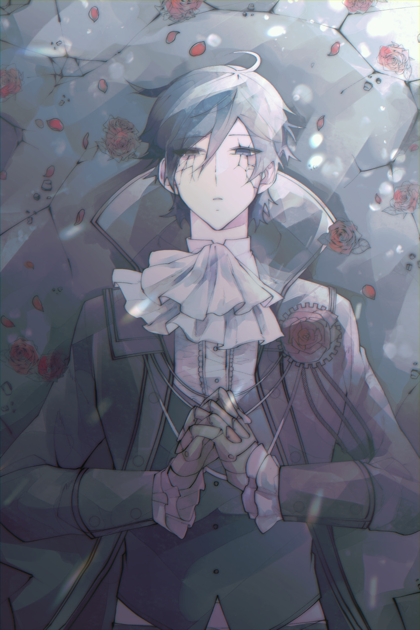 1boy absurdres binggwaryu black_suit blue_eyes blue_hair blue_vest commentary cracked_skin expressionless flower half-closed_eyes hands_together highres kaito looking_at_viewer male_focus neckerchief parted_lips project_diva_(series) requiem_(module) rose symbol_commentary upper_body vest vocaloid