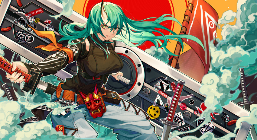 1girl arknights armband banner belt belt_pouch black_shirt breasts chinese_commentary commentary cowboy_shot dpea9 flag green_hair grin hair_between_eyes hannya highres hoshiguma_(arknights) jewelry katana large_breasts lips long_hair long_sleeves looking_at_viewer mask necklace oni_horn oni_mask pants pouch rhodes_island_logo scabbard sheath shield shirt sleeves_past_wrists smile smoke solo standing sticker sword turtleneck unsheathing weapon white_pants yellow_eyes