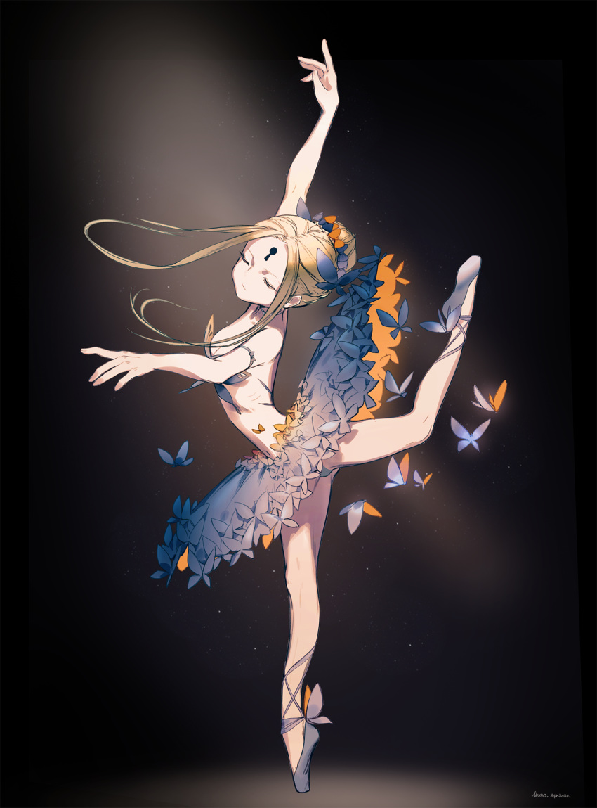 1girl abigail_williams_(fate/grand_order) ballerina ballet_slippers black_bow black_dress black_panties blonde_hair bow breasts closed_eyes dress en_pointe fate/grand_order fate_(series) hair_bow highres keyhole long_hair multiple_bows nemo_(leafnight) orange_bow panties pointe_shoes small_breasts solo standing standing_on_one_leg tutu underwear