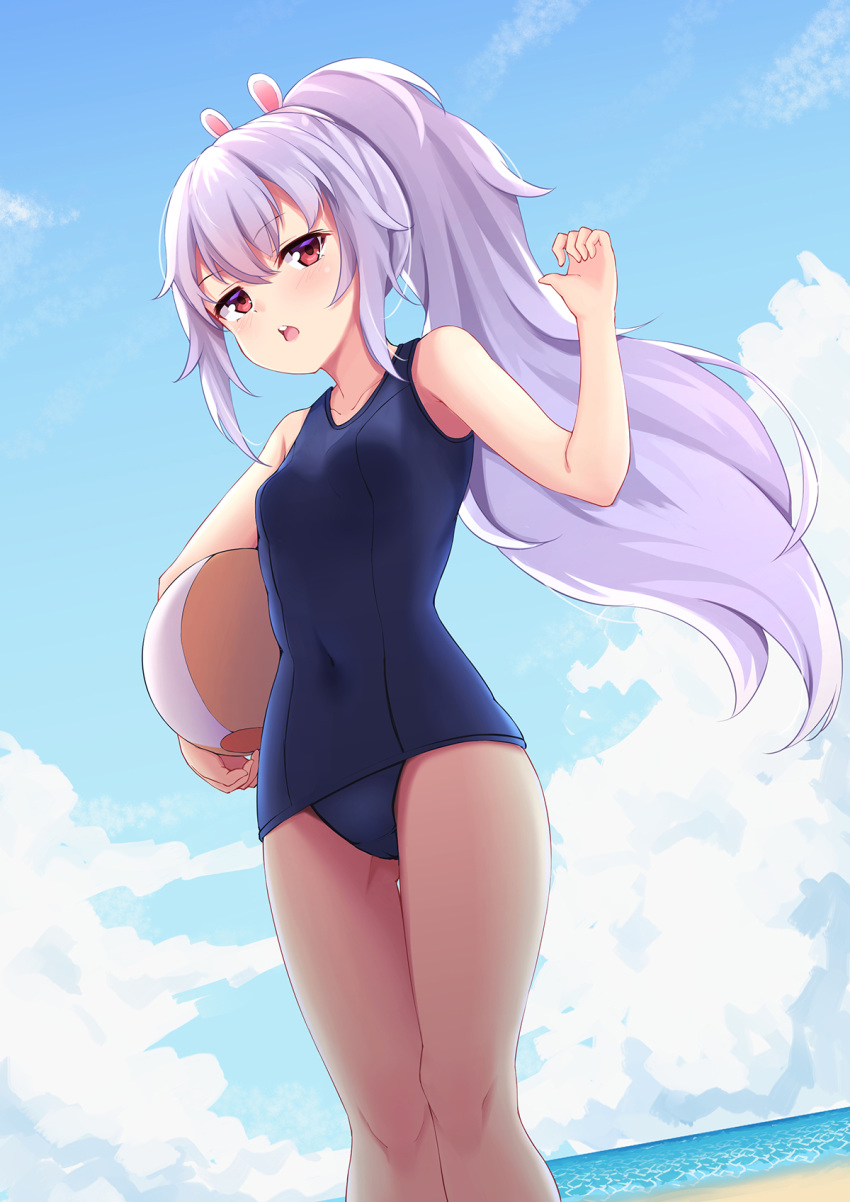 1girl alternate_costume animal_ears azur_lane bare_shoulders beach blush breasts clouds covered_navel day eyebrows_visible_through_hair fake_animal_ears hair_between_eyes hair_ornament highres huan_(hao7551789) laffey_(azur_lane) long_hair looking_at_viewer ocean one-piece_swimsuit open_mouth outdoors ponytail rabbit_ears red_eyes school_swimsuit sky small_breasts solo swimsuit twintails water