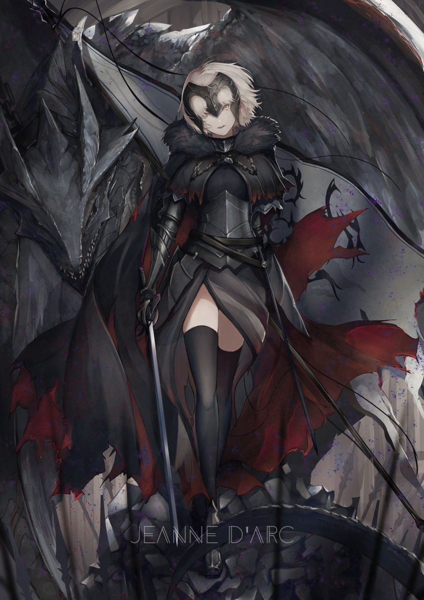 1girl armor armored_dress black_cape black_dress black_legwear cape character_name dragon dress fate/grand_order fate_(series) faulds floating_hair fur-trimmed_cape fur_trim gauntlets headpiece highres holding holding_sword holding_weapon jeanne_d'arc_(alter)_(fate) jeanne_d'arc_(fate)_(all) looking_at_viewer marumoru open_mouth sheath short_hair side_slit silver_hair solo standing sword thigh-highs torn_cape torn_clothes weapon yellow_eyes