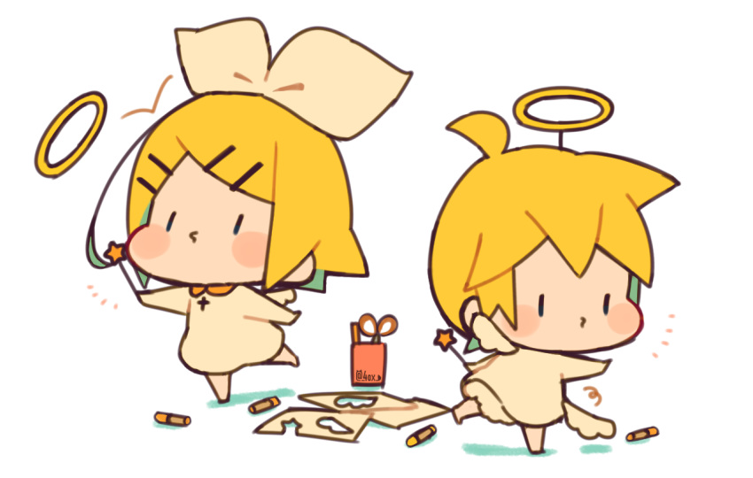 /\/\/\ angel_wings baby bangs blonde_hair blush bow chibi commentary crayon dress full_body hair_bow hair_ornament hairclip halo kagamine_len kagamine_rin kitsune_no_ko leaning_forward paper scissors short_hair short_ponytail spiky_hair standing standing_on_one_leg star_wand swept_bangs vocaloid wand white_bow white_dress wings younger |_|