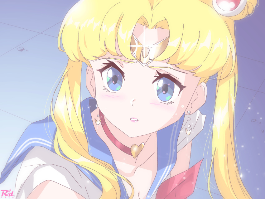1girl artist_name bangs bishoujo_senshi_sailor_moon blonde_hair blue_background blue_eyes blue_sailor_collar blush choker circlet collarbone crescent crescent_earrings derivative_work earrings from_side glint hair_bobbles hair_ornament heart heart_choker jewelry parted_bangs parted_lips r3dfive red_choker sailor_collar sailor_moon screencap_redraw shirt short_sleeves solo tsukino_usagi twintails upper_body white_shirt