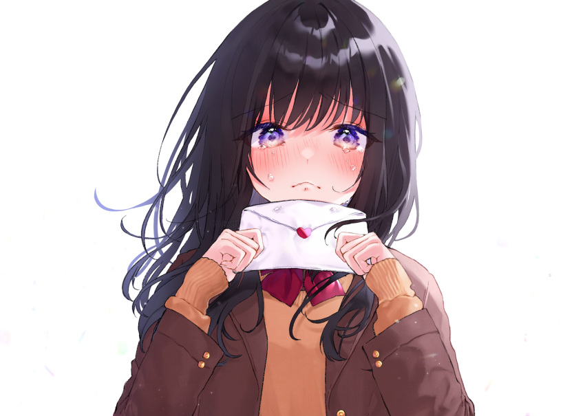1girl :&lt; bangs black_hair blazer blush bow bowtie brown_jacket closed_mouth commentary_request crying crying_with_eyes_open eyebrows_visible_through_hair heart holding_envelope jacket long_hair long_sleeves looking_at_viewer love_letter open_clothes open_jacket original red_bow red_neckwear simple_background sleeves_past_wrists tears upper_body violet_eyes white_background